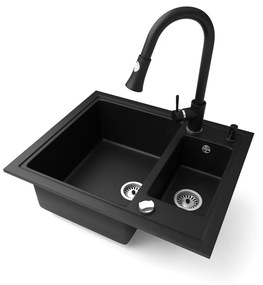 Gránit mosogató NERO Arriva + kihúzható zuhanyfejes Snake csaptelep + adagoló + dugókiemelő (matt fekete)