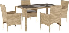vidaXL 5 részes bézs polyrattan/üveg kerti étkezőgarnitúra párnákkal