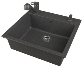 Gránit mosogató EOS Como + Kihúzható zuhanyfejes Shower csaptelep + adagoló + szifon (fekete)