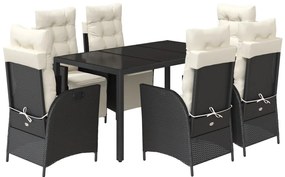 7 részes fekete polyrattan kerti étkezőgarnitúra párnával