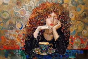 Vászonkép Canvas Portré Vörös Nő Lány Kávé Klimt 120x80