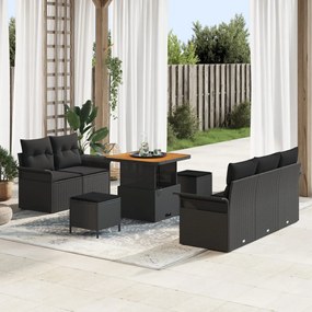 8 darabos kert kanapészett párnákkal fekete poli rattan akáciából, 2 személyes kert kanapé párnákkal fekete poli rattan, 3 darabos kert étkező szett párnákkal fekete poli rattan akáciából