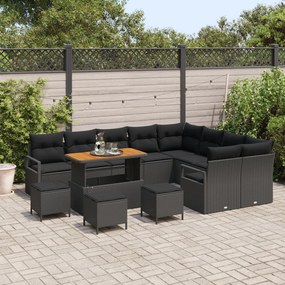13 Darabos Kerti Sofa Készlet Párnákkal Fekete Poli Rattan Akáccal, 4 Darabos Kerti Étkező Készlet Párnákkal Fekete Poli Rattan Akáccal, 2-fős Kerti Sofa Párnákkal Fekete Poli Rattan