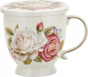 Befőző bögre porcelán fedél csészealj szűrő 500ml fehér rózsa