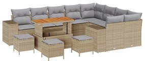 12 darabos kerti kanapészett párnákkal Bézs Poli Rattan Akácia, 3 darabos kerti étkező szett párnákkal Bézs Poli Rattan Akácia