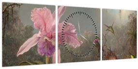 Kép - Martin Johnson Heade, Cattleya Orchid and Three Hummingbirds, reprodukciók (órával) (90x30 cm)