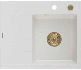 Mexen Ben gránit mosogató egy tálcás lecsöpögtetővel, jobb oldali 600 x 500 mm, fehér, arany szifonnal - 6523605000-20-G