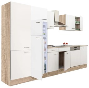 Yorki 340 konyhablokk sonoma tölgy korpusz,selyemfényű fehér fronttal polcos szekrénnyel és felülfagyasztós hűtős szekrénnyel