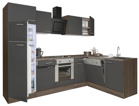 Yorki 280 sarok konyhabútor yorki tölgy korpusz,selyemfényű antracit front alsó sütős elemmel felülfagyasztós hűtős szekrénnyel