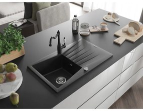 Mexen Cesar, 1 kamrás gránit mosogató 775x470x190 mm és mosogató csaptelep Carla, fekete, 6514-77-670700-70