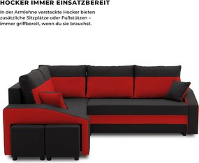 Grande sarokkanapé polcokkal és puffokkal , polc a jobb karfaban puffok a bal karfaban, baloldali, szövet anyag, bonell töltet, fekete - piros