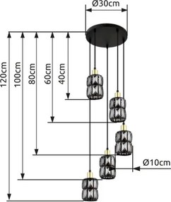 Globo 15761-5B Függeszték, matt fekete fém, füstszínű üvegkristályok, sárgaréz színű matt fém, fekete PVC kábel, ø: 300mm, M: 1200mm, exkl. 5x E14 40W 230V