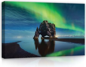 Vászonkép 60x40 sarki fény szikla tenger éjszaka tükröződés Izland nyugalom misztikus