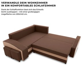 Grande sarokkanapé polcokkal és puffokkal , polc a jobb karfaban puffok a bal karfaban, baloldali, szövet anyag, bonell töltet, barna