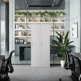 Pléh öltözőszekrény talpazaton, kétmodulos, polccal és köztes fallal KACPER, 800 x 1800 x 500 mm, szürke