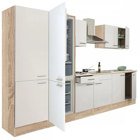 Yorki 330 konyhabútor sonoma tölgy korpusz,selyemfényű fehér fronttal polcos szekrénnyel és alulfagyasztós hűtős szekrénnyel
