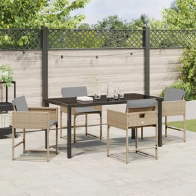 5 Darabos Kert Étkezőszett Párnákkal Bézs Poly Rattan, Kert Asztal Fekete 160x80x73 cm Edzett Üveg