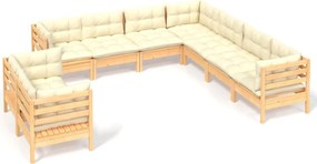 vidaXL 9 részes tömör fenyőfa kerti ülőgarnitúra krémszínű párnákkal