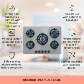 Klarstein Firetale, gázfőzőlap, 5 égő, 70 cm, alumínium égők, tömlővel és redukáló szeleppel