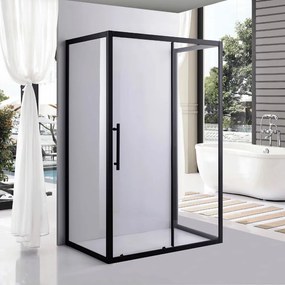 Stuxi Nizza Black 130x70 falsíkra szerelhető 3 oldalú tolóajtós zuhanykabin 6 mm vízlepergető biztonsági üveggel, fekete elemekkel, 200 cm magas