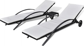 vidaXL fekete polyrattan napozóágyak asztallal