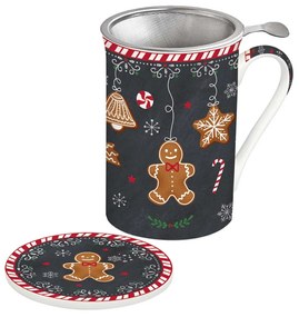 Mézeskalács karácsonyi porcelán bögre tetővel, fém szűrővel díszdobozban, 300 ml - Gingerbread