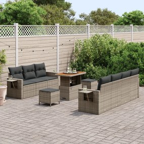 10 részes kerti kanapé szett párnákkal szürke poli rattan akáciából, 3 részes kerti étkező szett párnákkal szürke poli rattan akáciából