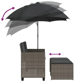2 személyes szürke polyrattan kerti kanapé napernyővel/székkel