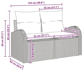 3 részes bézs poli rattan kerti kanapé szett párnákkal, 2 személyes kerti kanapé tárolóval és párnákkal bézs poli rattan