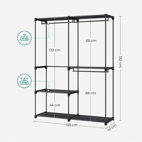 Ruhaszekrény, hordozható szekrény, ruhatartó, 138 x 43 x 182 cm, fekete