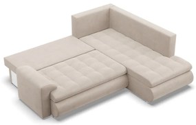 Tokio sarokkanapé, L alakú háttámlával, 2 ágyneműtartóval, bársony, jobboldali, bézs