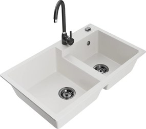 Mexen Tomas, gránit mosogató 800x500x190 mm, 2 kamrás és fekete Telma csaptelep, fehér, 6516-20-670200-70