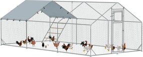 PawHut Elemekből Készült Tyúkól és Kert, Acélból, 3 x 6 x 1.95 m Tyúkketrec UV-ellenálló Borítással, Etetőajtóval, Függő Etetővel, Ülőfával, Tyúkkerte