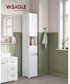 Keskeny fürdőszoba szekrény, fiókkal, állítható polcokkal, fehér, 30x30x170 cm