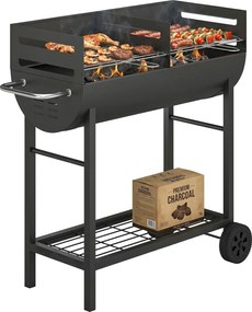 Outsunny faszenes grillkocsi két sütőzónával, állítható rostélyokkal, fa polccal és kerekekkel – hordozható grill (103 x 46,5 x 100 cm) Fekete | Aosom
