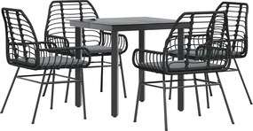 vidaXL 5 részes fekete polyrattan üveg kerti étkezőgarnitúra párnákkal