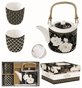 Porcelán teáskanna 600ml, fémszűrővel, 2 porcelánpohárral 160ml, dobozban, Art Deco &amp; Flowers, Atmosphere