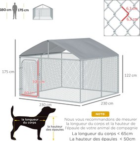 PawHut 5m² Kültéri Kutya Ól Tetővel - 230 x 230 x 175 cm Hálókerítés - Fedett Terület - Horganyzott Acél | Aosom