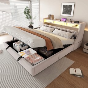 Kárpitozott ágy Franciaágy Aljzatok, polcok Led 180x200cm bézs