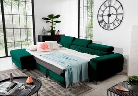 Zöld bársony kinyitható-tárolóhelyes sarokkanapé (bal oldali-heverő résszel) Grayson – ELTAP