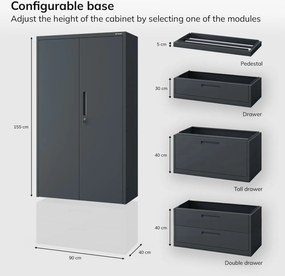 Moduláris többfunkciós fém szekrény magas fiókkal antracit MEGAN 1950 x 900 x 400 mm