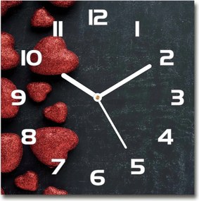 Négyzet alakú üveg falióra Szívek a táblán 30x30 cm