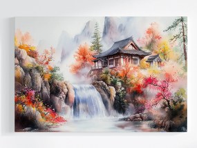 Vászonkép Canvas Tájkép Kelet Ázsia Japán Hegyek Vízesés Ház 120x80