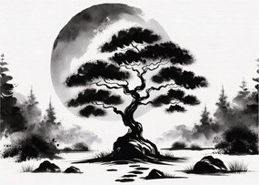 Üveg kép – Fekete-fehér bonsai (70x50 cm)
