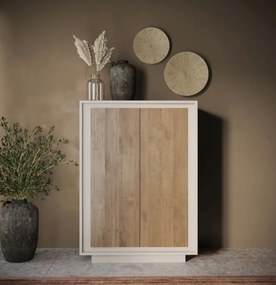 SKY 2.0 magas komód, 2 ajtóval, kasmír vázzal és Mercuri tölgy mintázatú laminált előlapokkal