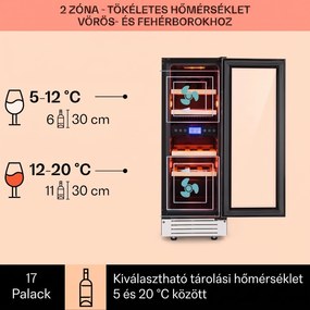 Klarstein Vinovilla 17 Built-in Duo Onyx Edition, kétzónás borhűtő, 53 liter, 17 palack, 3 színű LED világítás, üvegajtó
