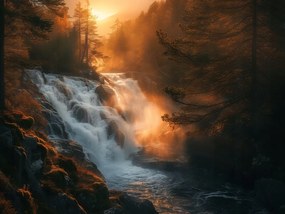 Vászonkép Canvas Tájkép Erdő Vízesés Nap Természet 80x60