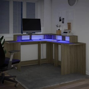 sonoma tölgy színű szerelt fa íróasztal LED-ekkel 152x152x91 cm