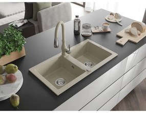 Mexen Mario, 2 kamrás gránit mosogató 820x436x161 mm és Savita mosogató csaptelep, bézs, 6504-69-672601-69