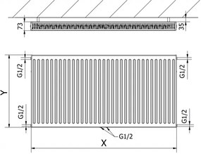 Mexen CC21, panelradiátor 600 x 2000 mm, alsó középső csatlakozás, 2564 W, fehér, W6C21-060-200-00